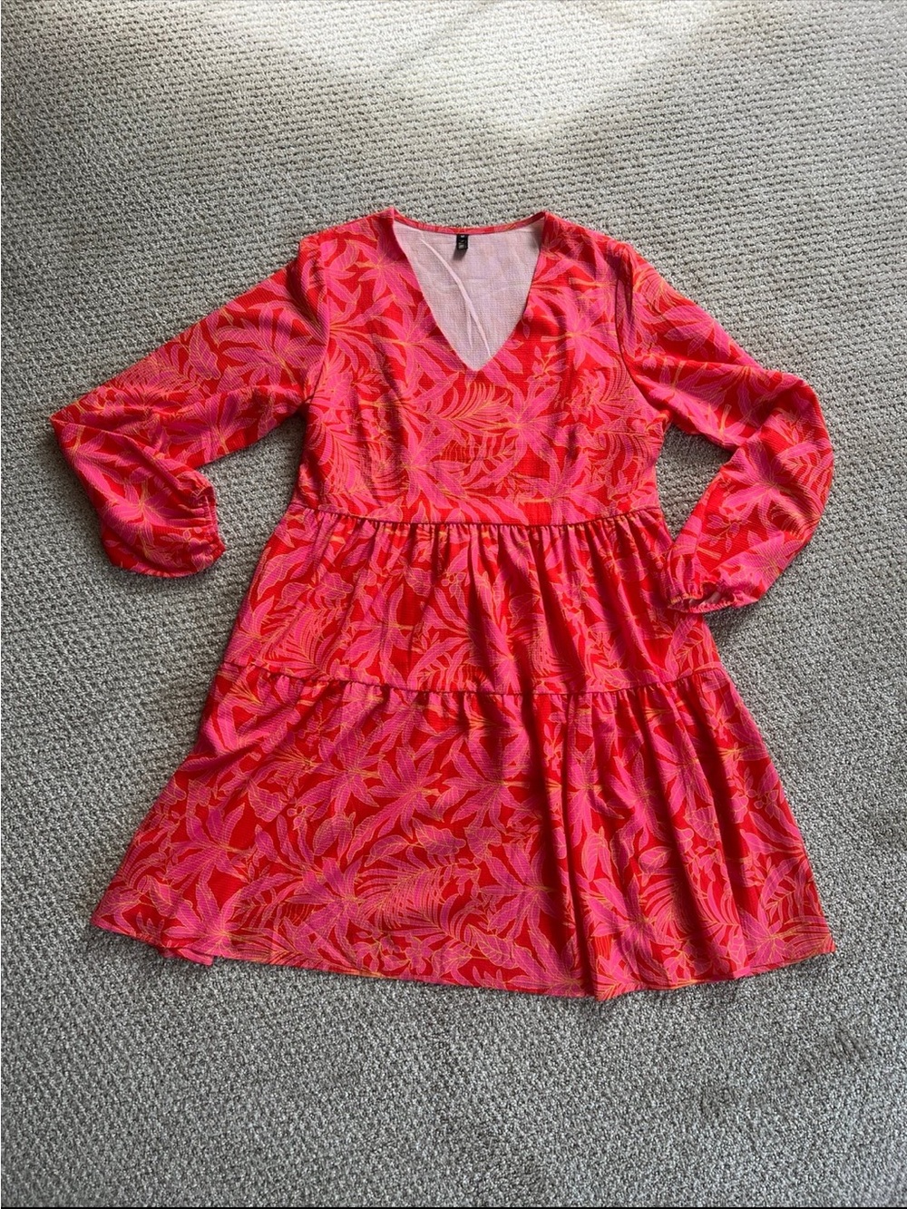 Fancyinn Pink and Orange Leaf-Print V-Neck Mini Dress